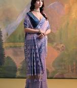 Lavender Soft Muga Cotton Saree With Jamdani Type Border And All Over Small Butties With Blouse