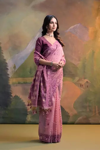 Pink Soft Muga Cotton Saree With Jamdani Type Border And All Over Small Butties With Blouse