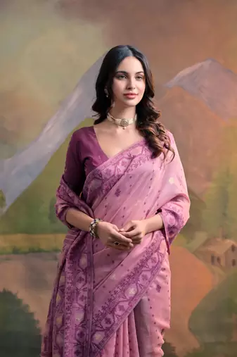 Pink Soft Muga Cotton Saree With Jamdani Type Border And All Over Small Butties With Blouse