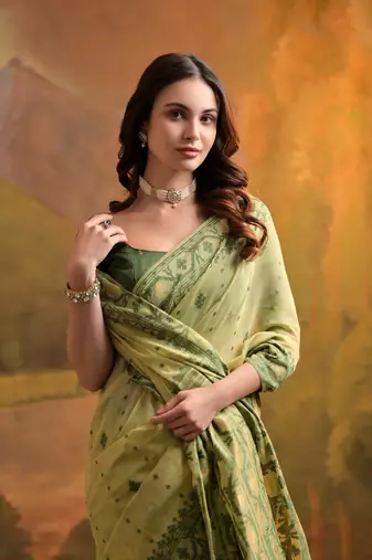 Pista Green Soft Muga Cotton Saree With Jamdani Type Border And All Over Small Butties With Blouse
