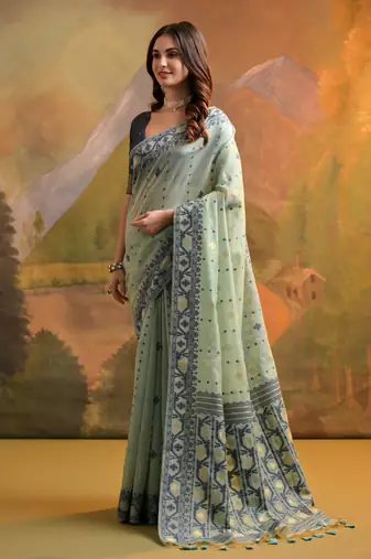 Sea Green Soft Muga Cotton Saree With Jamdani Type Border And All Over Small Butties With Blouse