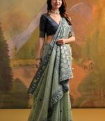 Sea Green Soft Muga Cotton Saree With Jamdani Type Border And All Over Small Butties With Blouse