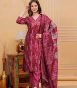 Maslin pattern print cherry red colored kurta set