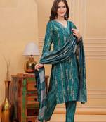 Maslin pattern print festive green colored kurta set