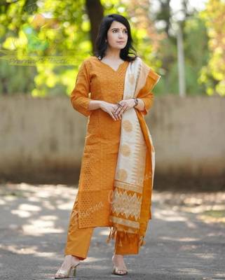 embroidered yellow kurta set with cotton lining 1