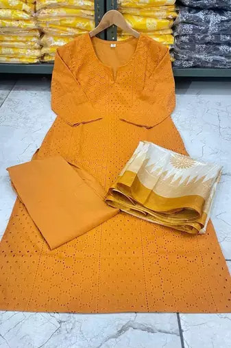 embroidered yellow kurta set with cotton lining