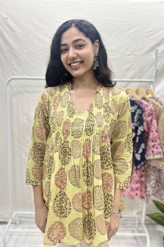 Yellow cotton block printed top