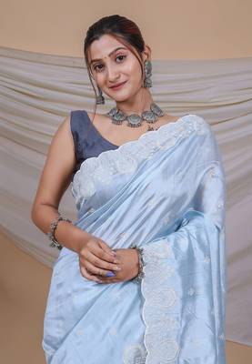 Light-Blue Soft Silk Embroidery Work Saree,Blouse-not As Per Image 3