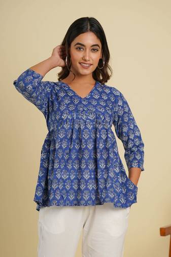 Blue cotton block printed top