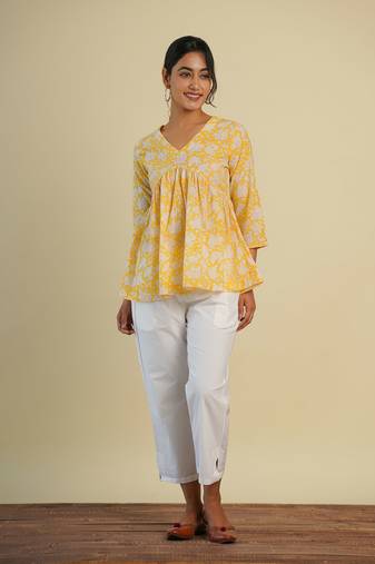 Yellow cotton block printed top