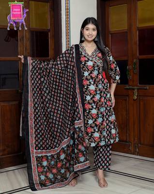 Jaipuri print v neck cotton angrakha pattern black kurta set 2