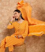 Yellow Printed Pure Cotton Straight Kurti Pant and Dupatta Set