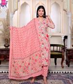 Jaipuri print v neck cotton angrakha pattern peach kurta set