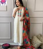 Schifli cotton embroidered white kurta set with bandhej cotton silk dupatta