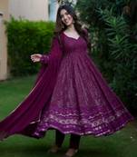 WINE COLOURED ANARKALI  EMBROIDERY SUIT SET - 12