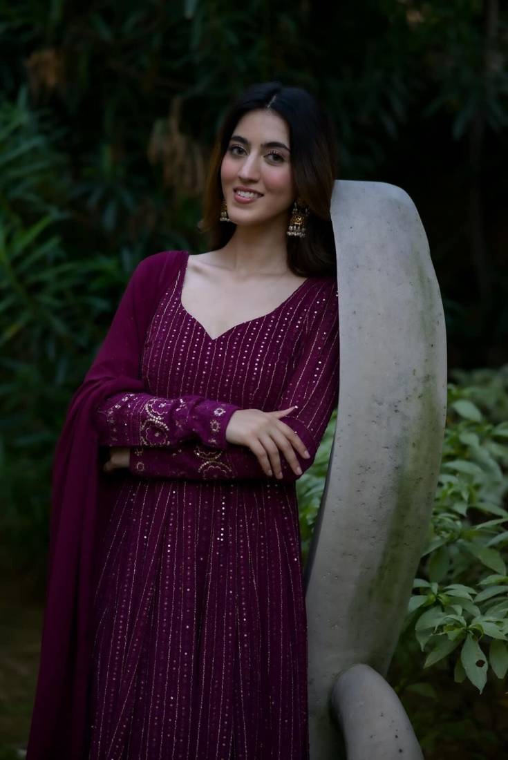 WINE COLOURED ANARKALI  EMBROIDERY SUIT SET - 12