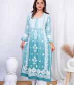 Green hand embroidery muslin chikankari straight kurti