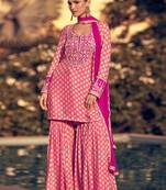 Pink embroidered chinnon silk stitched sharara suit (size Free size full stitched Up To 42)