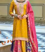 Yellow chinon heavy embroidery chinon palazzo suits