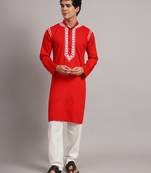 Red hand embroided cotton chikankari men's kurta