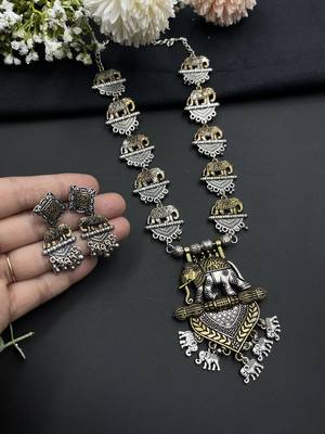 Dual tone Elephant design necklace set German silver indian oxidized jewellery gifts for her long necklace with earrings 3