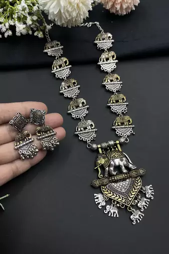Dual tone Elephant design necklace set German silver indian oxidized jewellery gifts for her long necklace with earrings