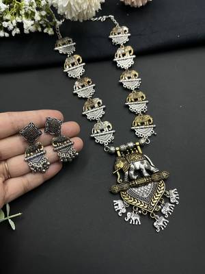 Dual tone Elephant design necklace set German silver indian oxidized jewellery gifts for her long necklace with earrings 4