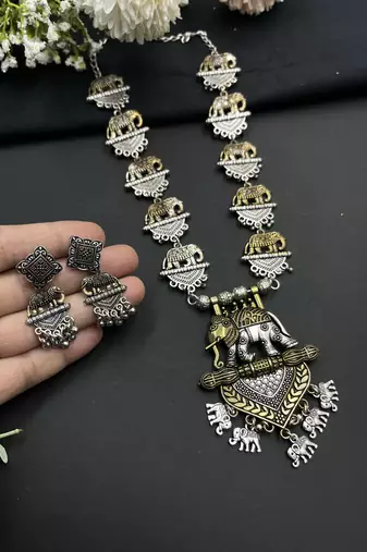 Dual tone Elephant design necklace set German silver indian oxidized jewellery gifts for her long necklace with earrings