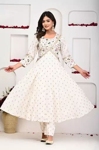White anarkali two piece set: simplicity in cotton