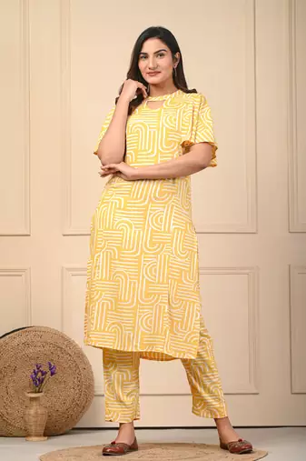 Yellow rayon elegant kurti pant set