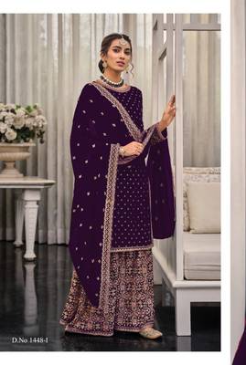 Purple chinon heavy embroidery wedding palazzo suits 1