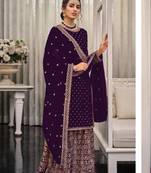 Purple chinon heavy embroidery wedding palazzo suits