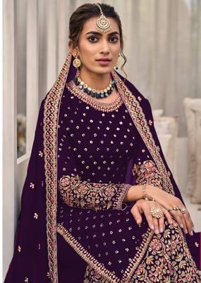 Purple chinon heavy embroidery wedding palazzo suits 2