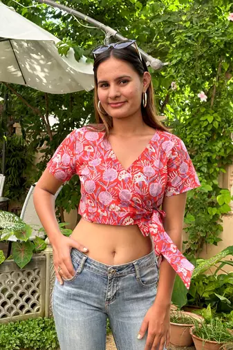 Red cotton block printed top
