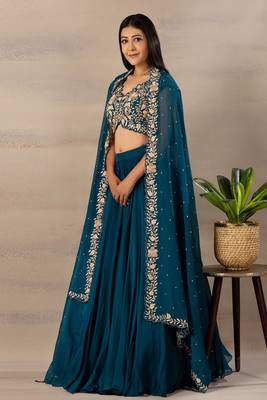 Green Embroidered Work Faux Georgette Fabric Flared Lehenga Choli With Dupatta. 1