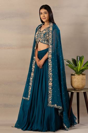 Green Embroidered Work Faux Georgette Fabric Flared Lehenga Choli With Dupatta.