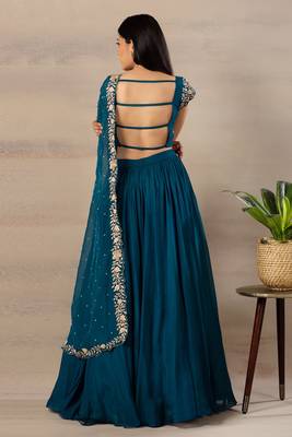 Green Embroidered Work Faux Georgette Fabric Flared Lehenga Choli With Dupatta. 2