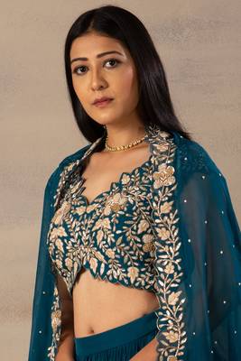 Green Embroidered Work Faux Georgette Fabric Flared Lehenga Choli With Dupatta. 3