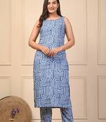 Blue reyon designer cut sleeve kurti pant set for women