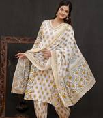 Yellow Printed Pure Cotton Handwork Kurti Pant and Dupatta Set