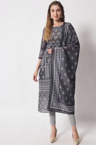 Stone grey bandhani silk blend women's kurta, pyjama & dupatta set