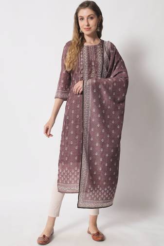 Light brown embellished silk blend women's kurta, pyjama & dupatta set
