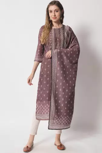 Light brown embellished silk blend women's kurta, pyjama & dupatta set