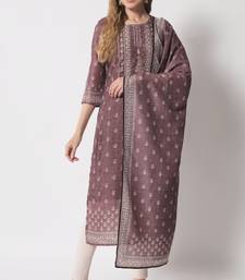 Light brown embellished silk blend women's kurta, pyjama & dupatta set