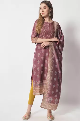 American brown embellished silk blend women's kurta, pyjama & dupatta set