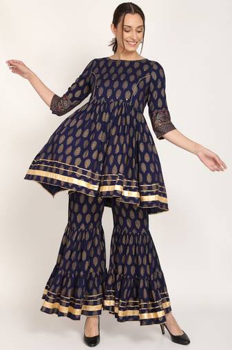 Blue printed rayon women's kurta and sharara set