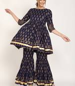 Blue printed rayon women's kurta and sharara set