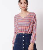 Party full sleeve striped  women's red multicolor top