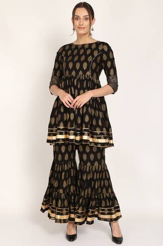 Black printed rayon women's kurta and sharara set