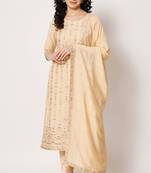 Cream woven silk blend women's kurta, pyjama & dupatta set